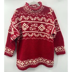 VTG Express Tricot Roll Neck Womens Red Cream Wool Nordic Fair Isle Sweater S